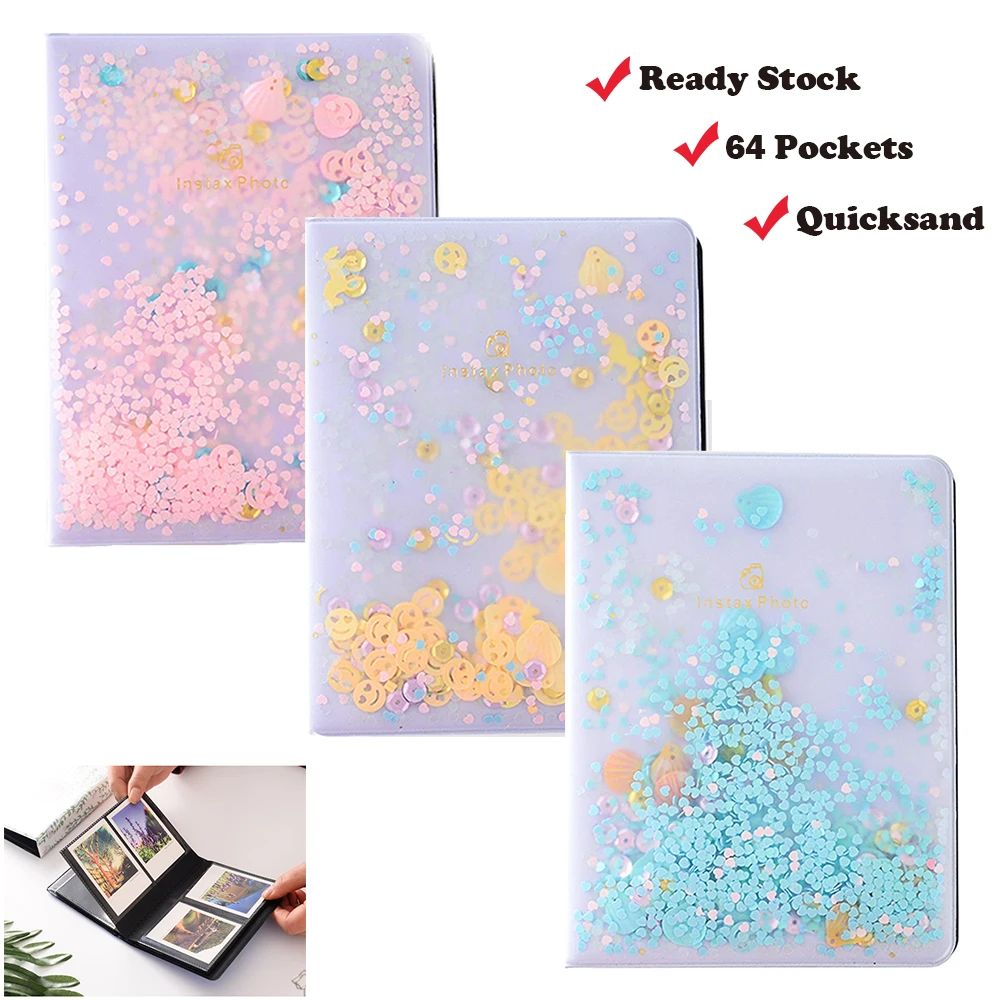 3 Inch Quicksand Sequin 64 Pockets Instax Mini Film Photo Album For FujiFilm Instax Mini 8, Mini 12 9 7s 50 90 Fuji Films Paper