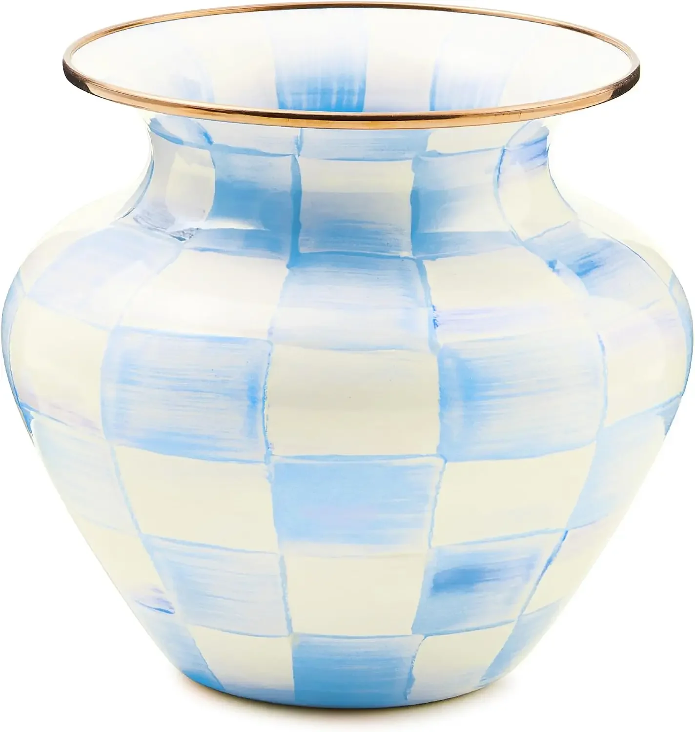 Enamel Vase, Large, Light-Blue-and-White Sky Check | Hand-painted design, decorative flower vase for living room use, made from