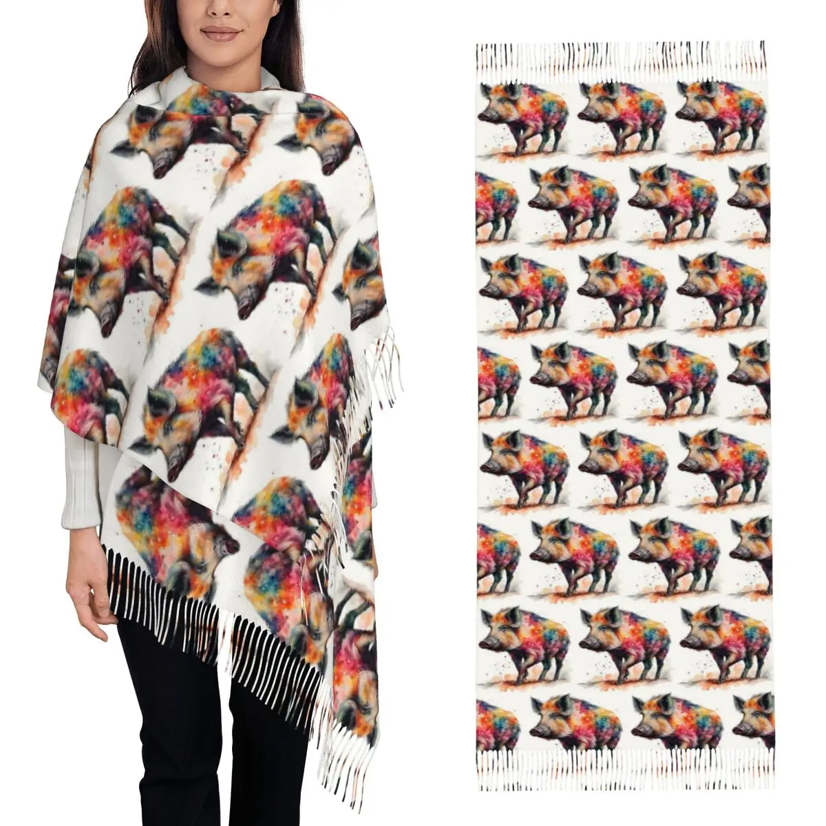 Colorful Watercolor Wild Boar Pig Scarf Tassel Scarves Women Soft Warm Shawls and Wraps Long Fall Winter Shawl Wrap
