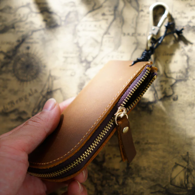 Genuine Leather Handmade Zipper Key Bag Crazy Horse Leather Men's Waist Hanging Coin Purse Multifunctional Keychain