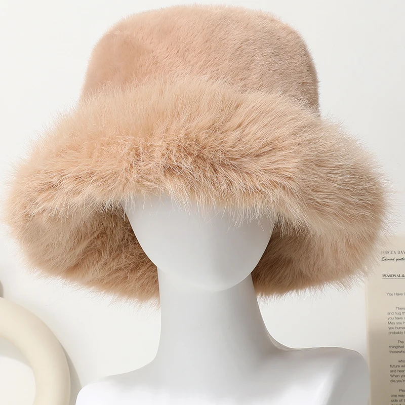 Große Faux Pelz Eimer Hut für Frauen Dicke Plüsch Warme Schöne Flauschigen Winter Hut Dame Luxus Mode Pelzigen Panama Fischer Kappe – Detail 17