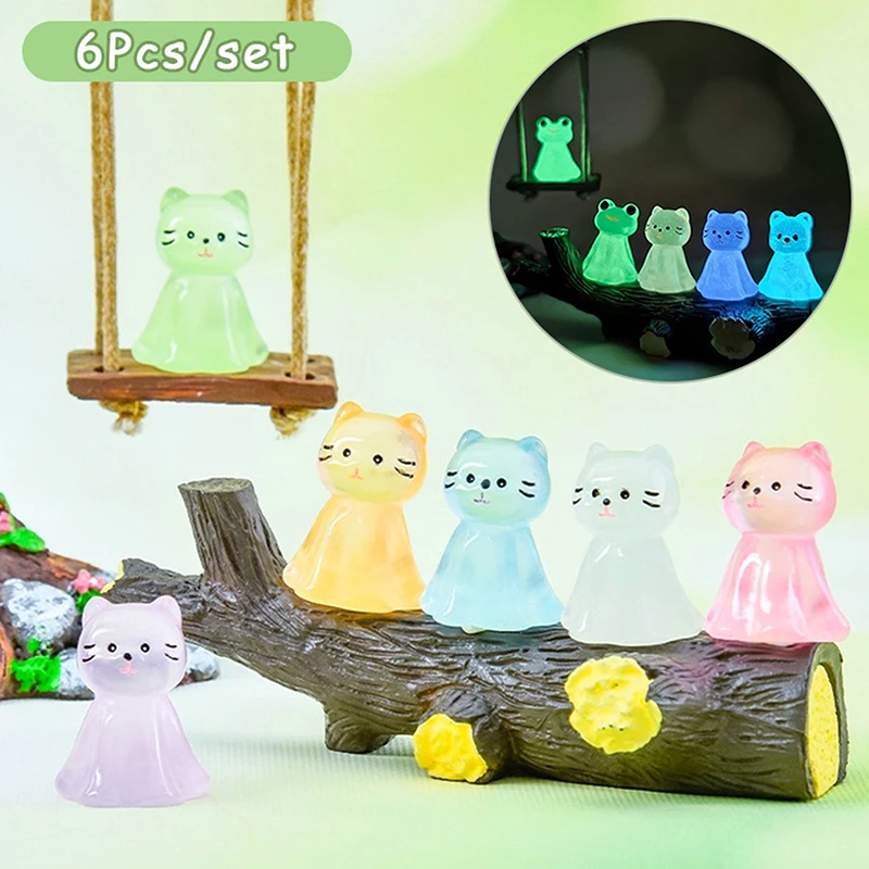 6Pcs Luminous Animal Ornament Mini Puppy Cat Frog Doll Micro Landscape Car Interior Home Desktop Decoration