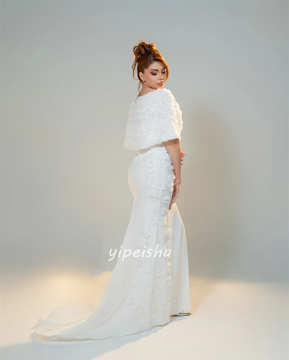 Maßgeschneiderte, hochwertige, modische Jersey-Kleider mit handgefertigten Blumenfalten, Meerjungfrau, schulterfrei, lange Kleider, maßgeschneiderte Anlasskleider, sexy