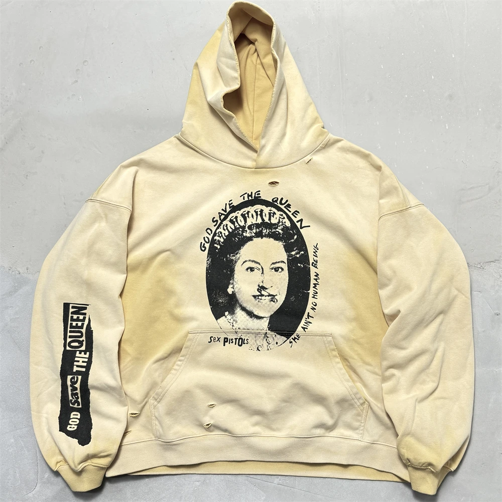 Промытый желтый пуловер Saint GOD SAVE THE QUEEN для мужчин и женщин, толстовка высокого качества с капюшоном