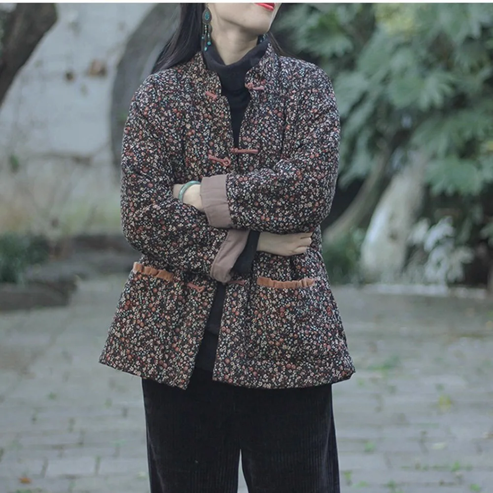 

Tang Suit Retro Fall Short Coat Loose casual Womens Cotton Chinese Frog Button Quilted Floral Lightweight Jackets With pocket