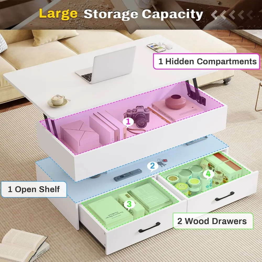 Stolik kawowy z oświetleniem LED i szufladami do salonu, kompaktowa konstrukcja z podnoszonym blatem.