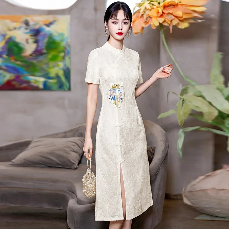 2024 nuevo estilo elegante Retro delgado moderno mejorado Cheongsam encaje vestido de manga corta Qipao de talla grande 3XL 4XL