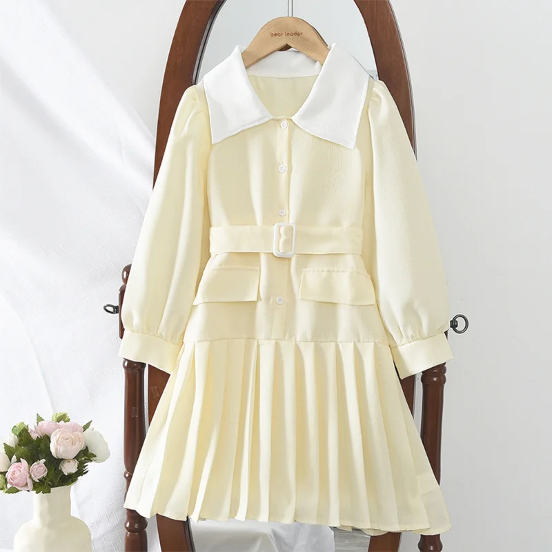 Girls' Spring and Autumn Dress Simple Long Sleeve White Collar Pleated Dress with Belt Hot Sale