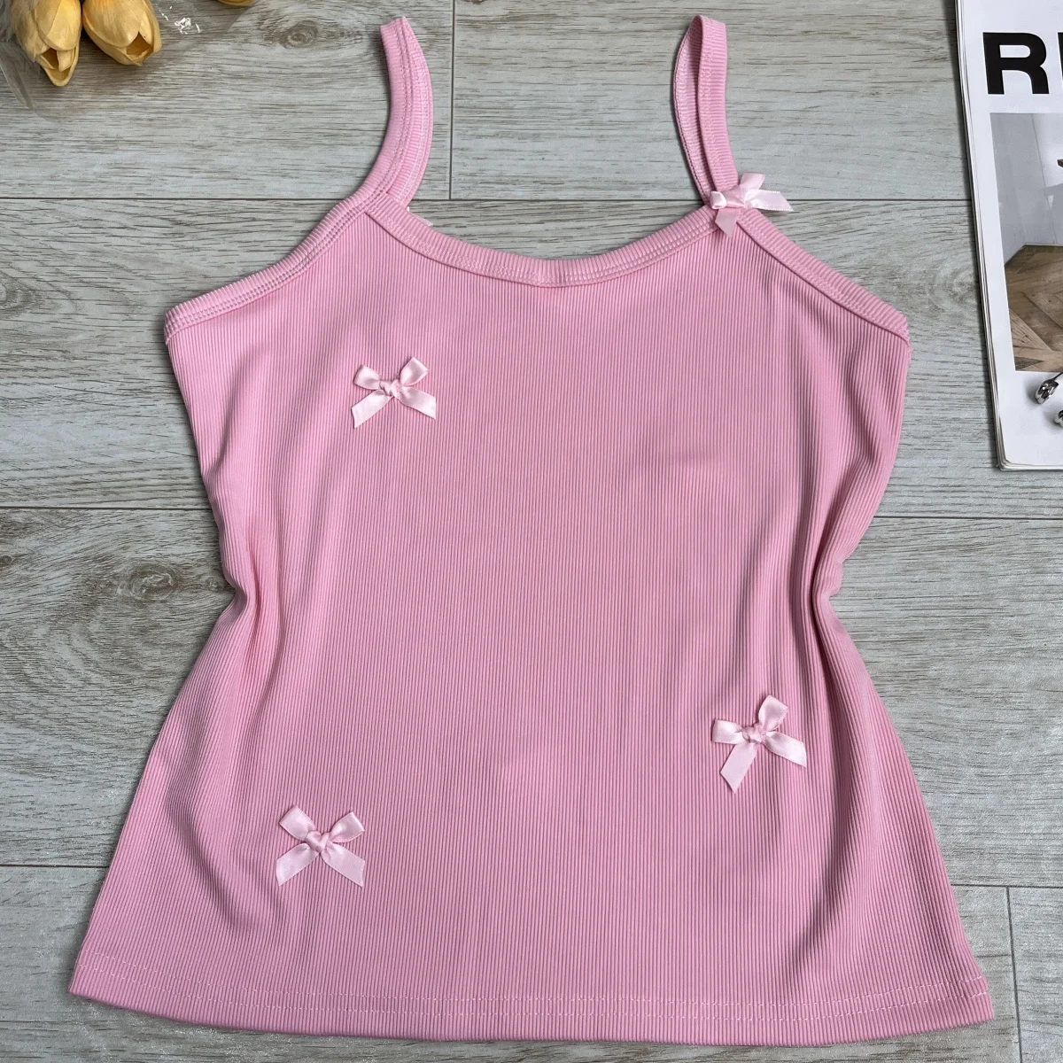 

Summer Backless Beach Clothing Aesthetic Pink Bow Cute Sweet Mini Tank Top Y2k Crop Top Knitted Basic Casual Sexy Women Camisole