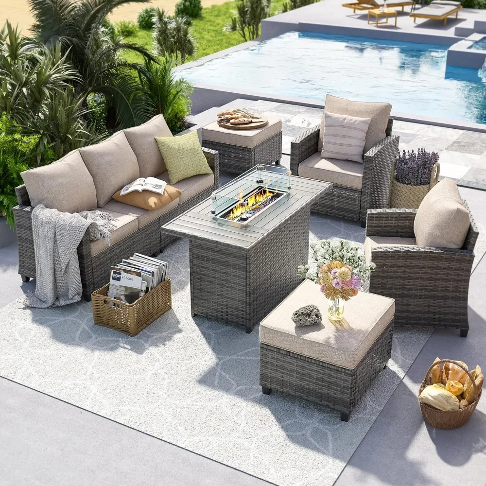 

Patio Furniture Set with 44"Fire Pit Table,6 Pieces Outdoor Sectional Conversation Sets, All-Weather Wicker Rattan Sofa Ottoman