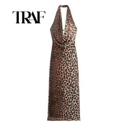 TRAF Leopard Print Długa sukienka dla kobiet Letnia plisowana sukienka bez pleców Sexy Camisole Hanging Neck Style Slim Casual Party Dresses