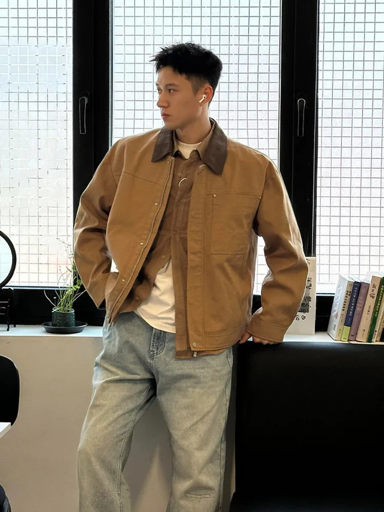 Khaki Barn Style Men's Short Jacket Spring Autumn Cotton Workwear Pure Cotton Plaid Collar Zipper Casual Outerwear