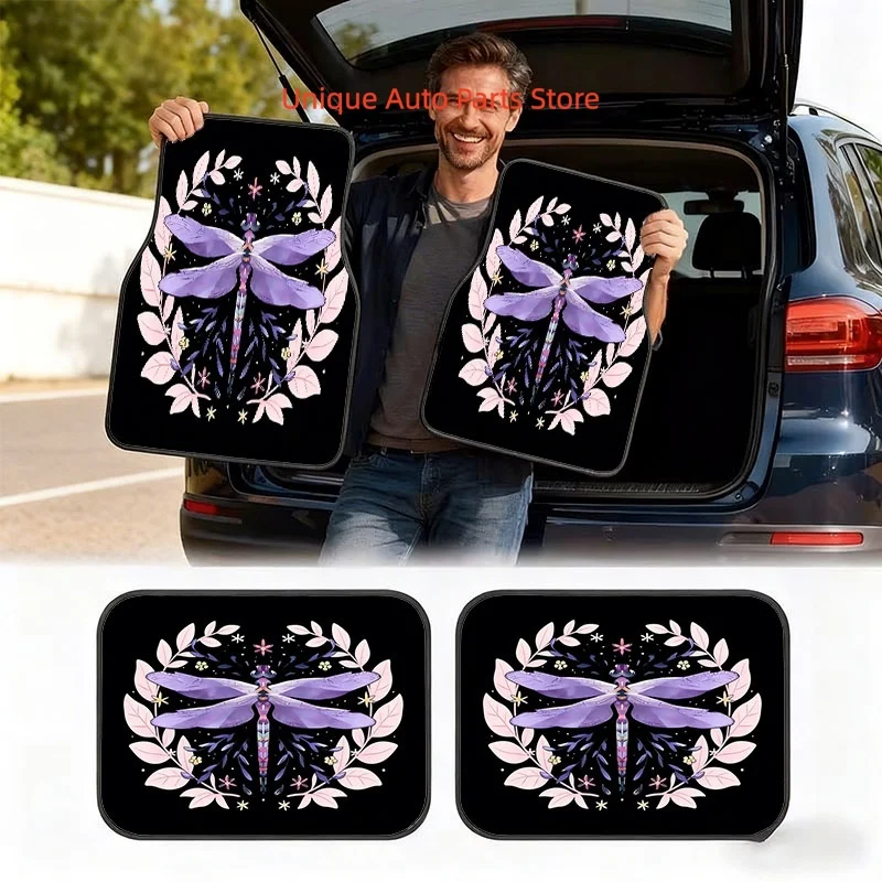 4pcs Car Floor Mats & Trunk Liners, Multi-Specifications, Polyester Material, Whimsical Dragonfly Floral Design, F