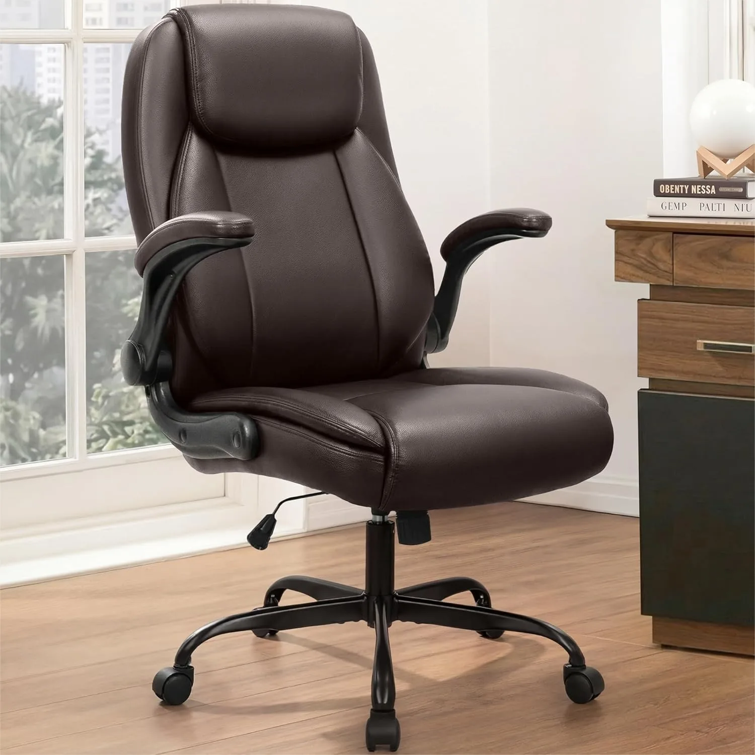 

Ergonomic Office Desk Gaming Chair High Back Executive with Flip-up Arms Adjustable Height Swivel PU Leather Brown