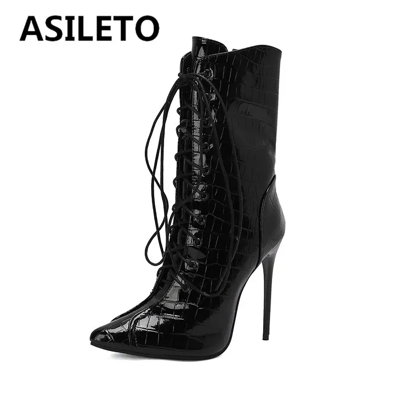 

ASILETO Fashion Female Mid Calf Boots Plaid Pointed Toe Stiletto 12cm Zipper Lace Up Plus Size 46 47 48 Sexy Party Dating Bota