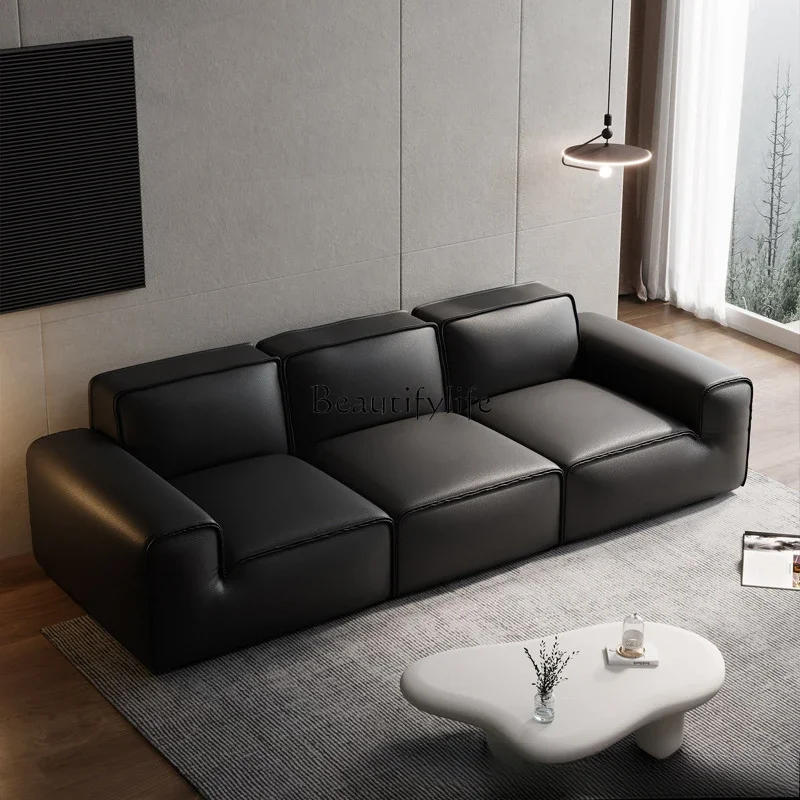 Big black cow sofa Italian minimalist leather cream wind tofu block villa high-end sofa