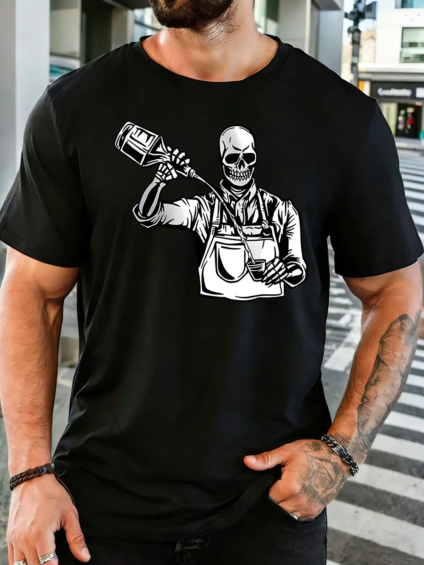 Vintage Skull Barista Pour Coffee Graphic Mens Soft Cotton Short Sleeve Tshirt Loose Cafe Worker Casual Daily Streetwear Tee