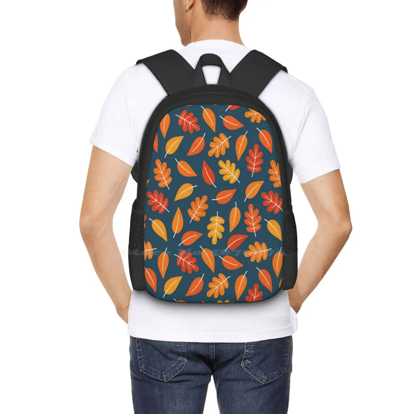 Retro Autumn Leaves On Indigo Blue New Arrivals Unisex Bags Student Bag Backpack Autumn Leaves Falling Harvest Festival Orange