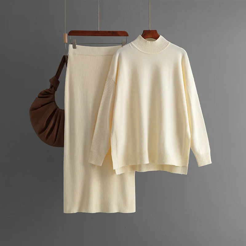Suéter informal holgado para mujer, conjunto de dos piezas, Top de cuello alto y falda ajustada, moda Otoño Invierno 2025
