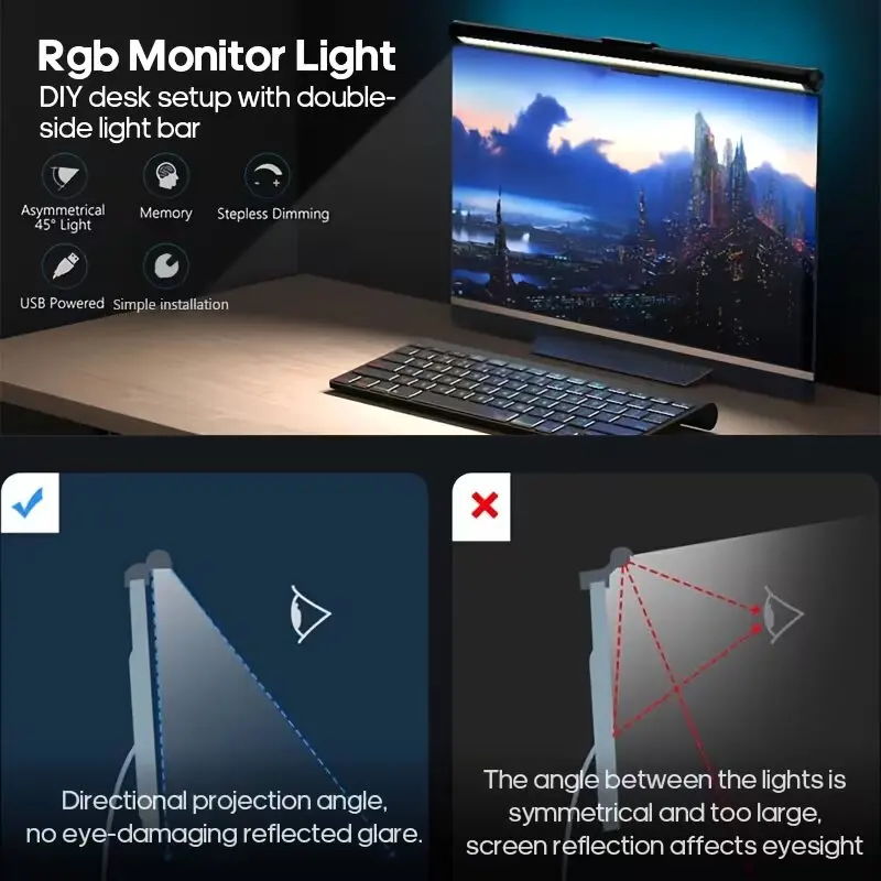 Black USB Powered LED Monitor Lamp 3-Color Portable Laptop Screen Light for Office And Home Essential Workspace Lighting