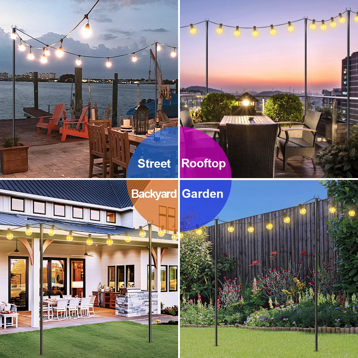 2/4/6 Pack String Light Poles for Outside Garden, Adjustable Heavy-Duty Metal lamp stand for Outdoor String Lights with Fork