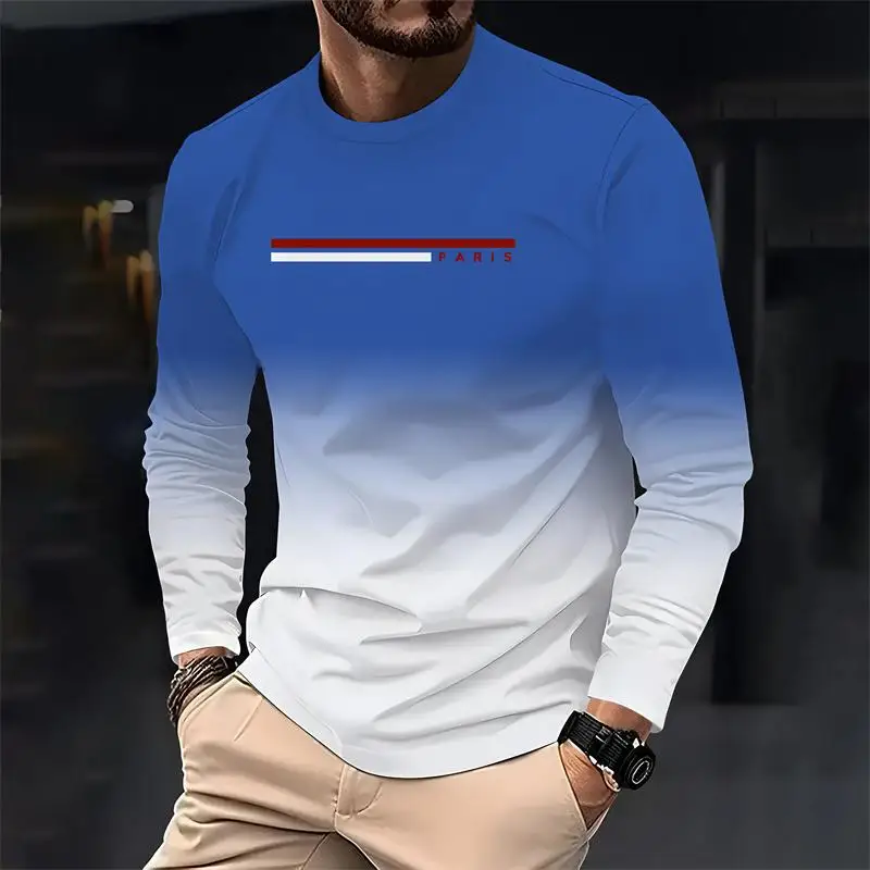 باريس الأصلي الرجال فضفاضة طويلة الأكمام تي شيرت مطبوع موضة crewneck تي شيرت غير رسمي الراحة اليومية الرجال الربيع والخريف