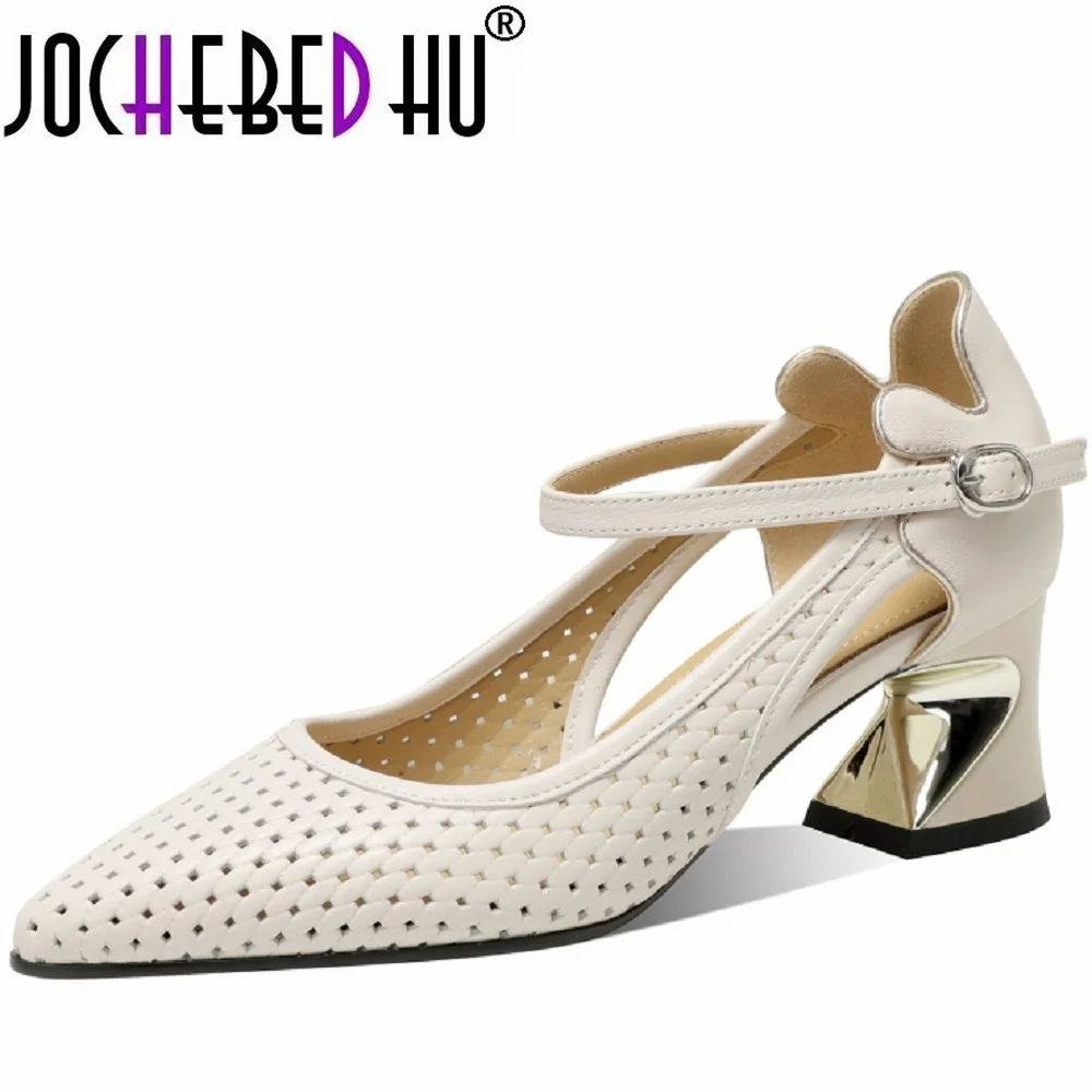 

【JOCHEBED HU】Brand Genuine Leather Pointed Toe Handmade Women Shoes Mixed Buckle Strap Thick Heel Shallow Fashion Sexy 34-42