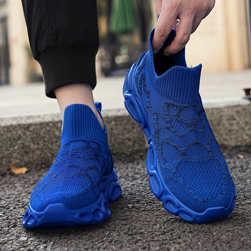 Blue Men\'s Blade Sports Shoes Breathable Knitted Running Shoes Men Trainers Lightweight Slip-On Socks Sneakers Men tenis hombres