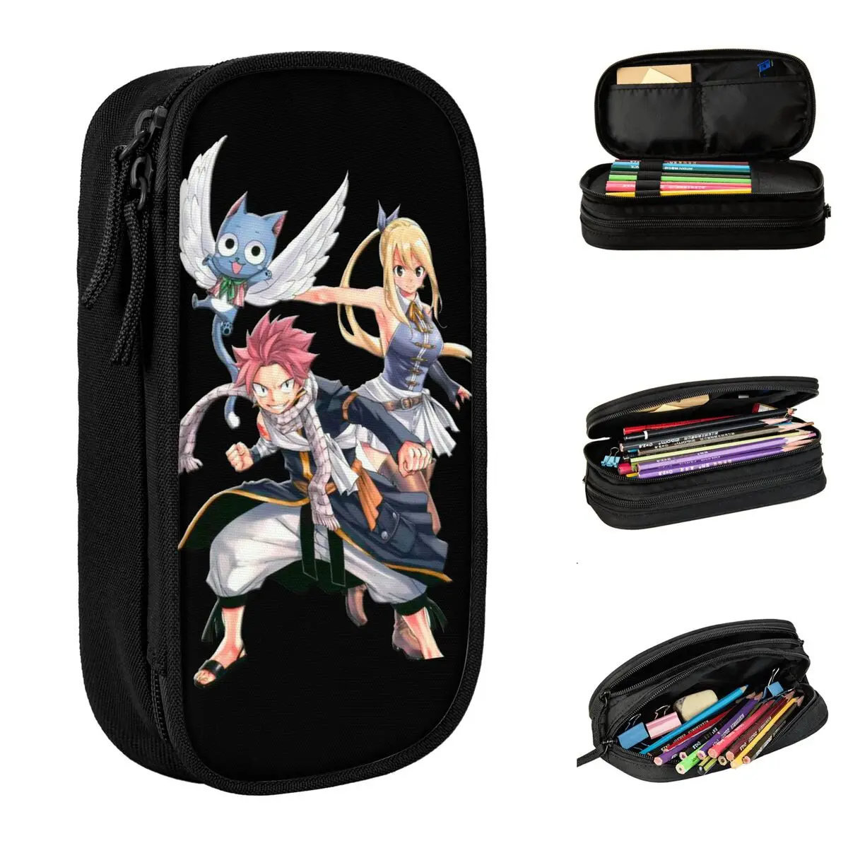 مقلمة Fairy Tail لطيفة من Natsu Lucy and Happy Pen Bag للفتيات والأولاد ذات سعة كبيرة مقلمة لمستحضرات التجميل المكتبية