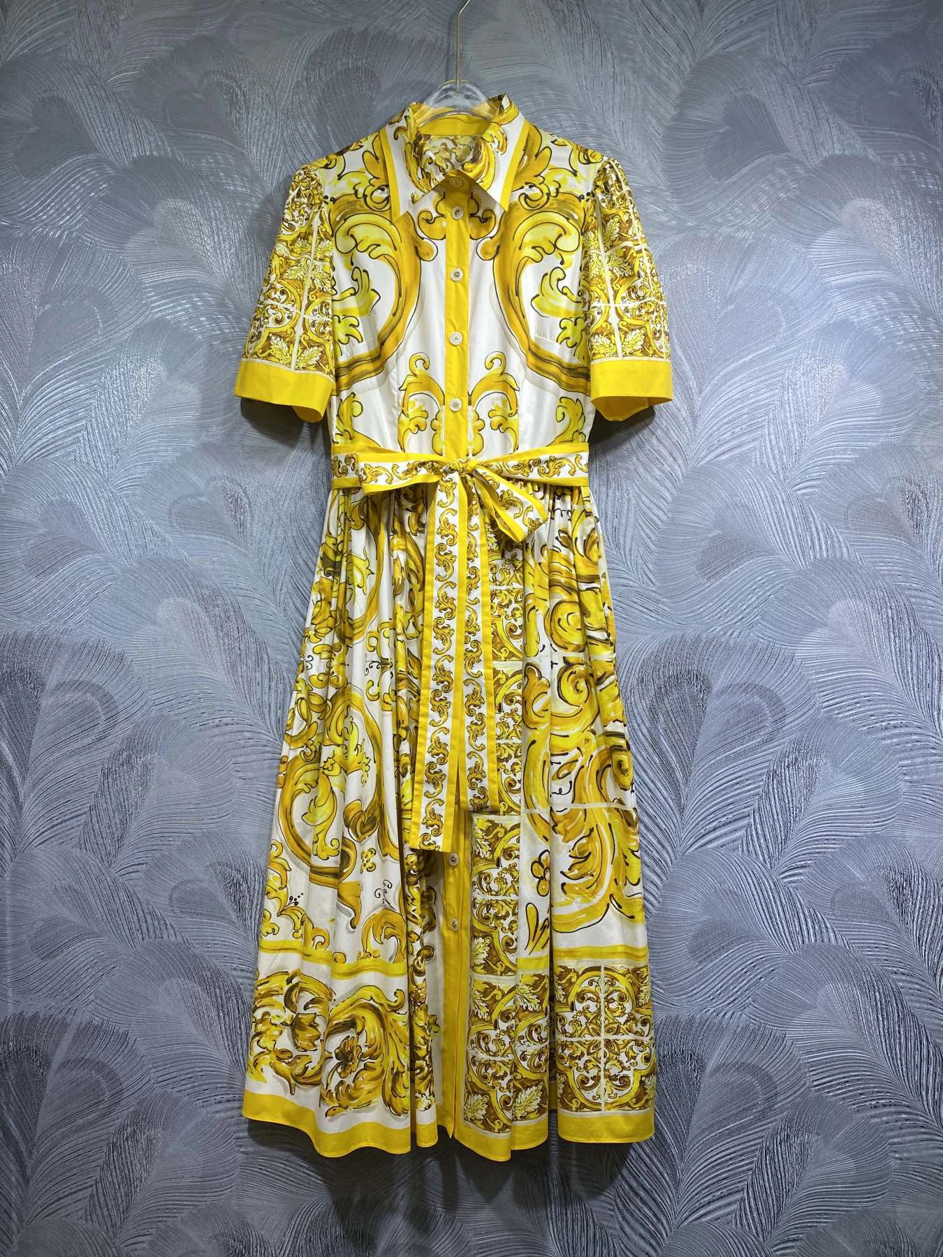 

SEQINYY Elegant Shirt Dress Summer Spring New Fashion Design Women Runway High Quality Vintage Yellow Flower Print 100% Cotton