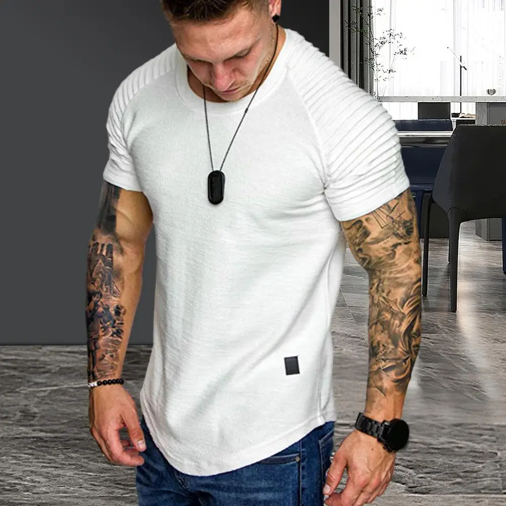 Men Cotton Blend T-shirt Men\'s Summer Pleated Wrinkled Raglan T-shirt Slim Fit Solid Color Pullover Tops for Streetwear Style