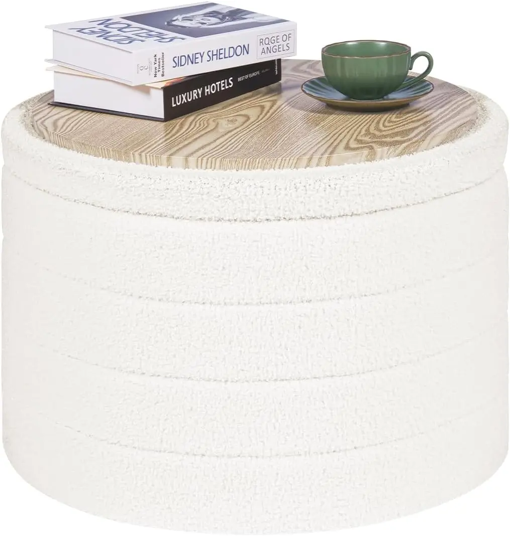 

Round Ottoman With Stroage, Boucle Storage Ottoman, Foot Stool Ottoman With Tray, Foldable Coffee Table Ottoman For Living