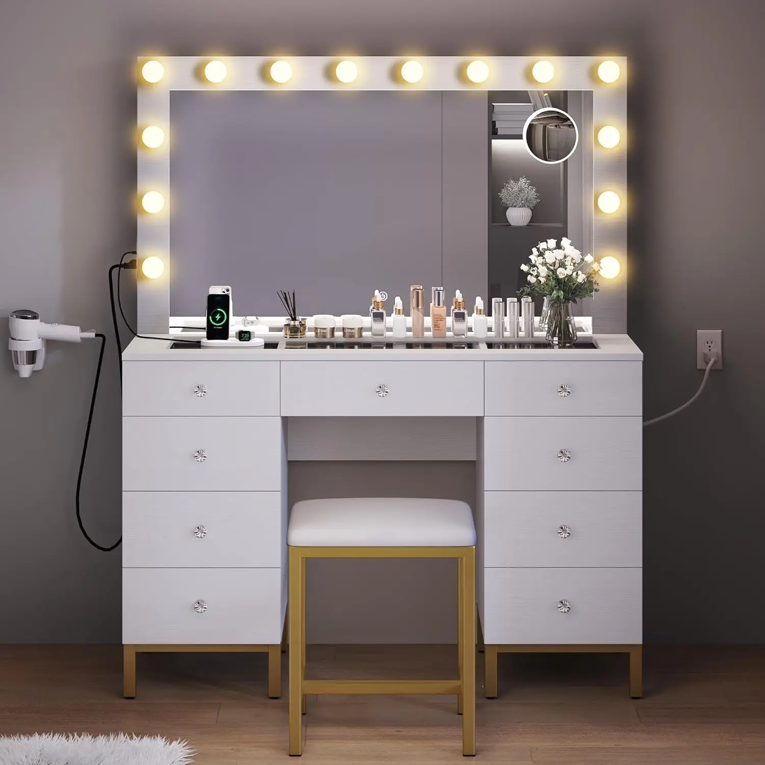 DWVO Vanity Desk Set with LED Magnifying Mirror, Power Outlet, Glass Top, 3 Adjustable Lighting Modes, 9 Drawers, White