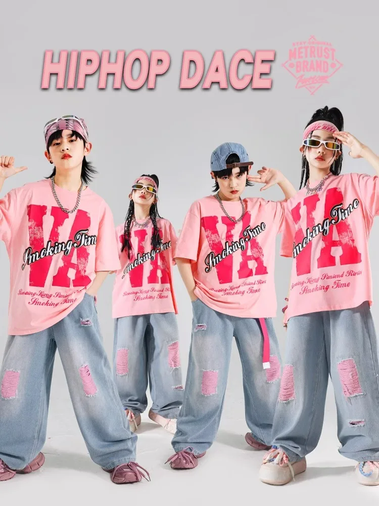 Child T-shirt Pink Loose Jeans Hip Hop Clothes Girl Streetwear Street Dance for Kid Jazz Ripped Denim Pants Outfits Teen Costume