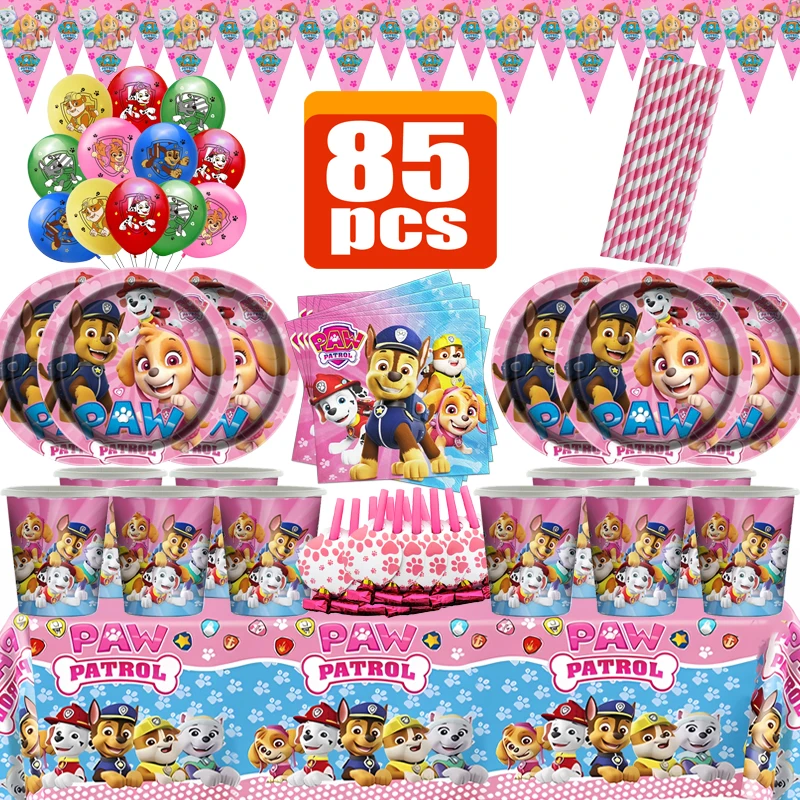 Paw Patrol Birthday Supplies for Kids, Dog Party Decoration, Noise Maker, Balões, Talheres Descartáveis, Banner Background, Brinquedos