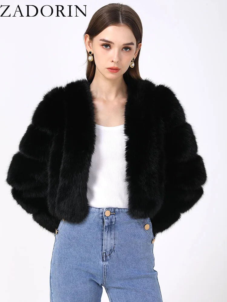 ZADORIN 2024 Winter Luxury Cropped White Faux Fox Fur Coat Women V Neck Long Sleeve Fluffy Warm Faux Fur Jacket Women Fur Coats