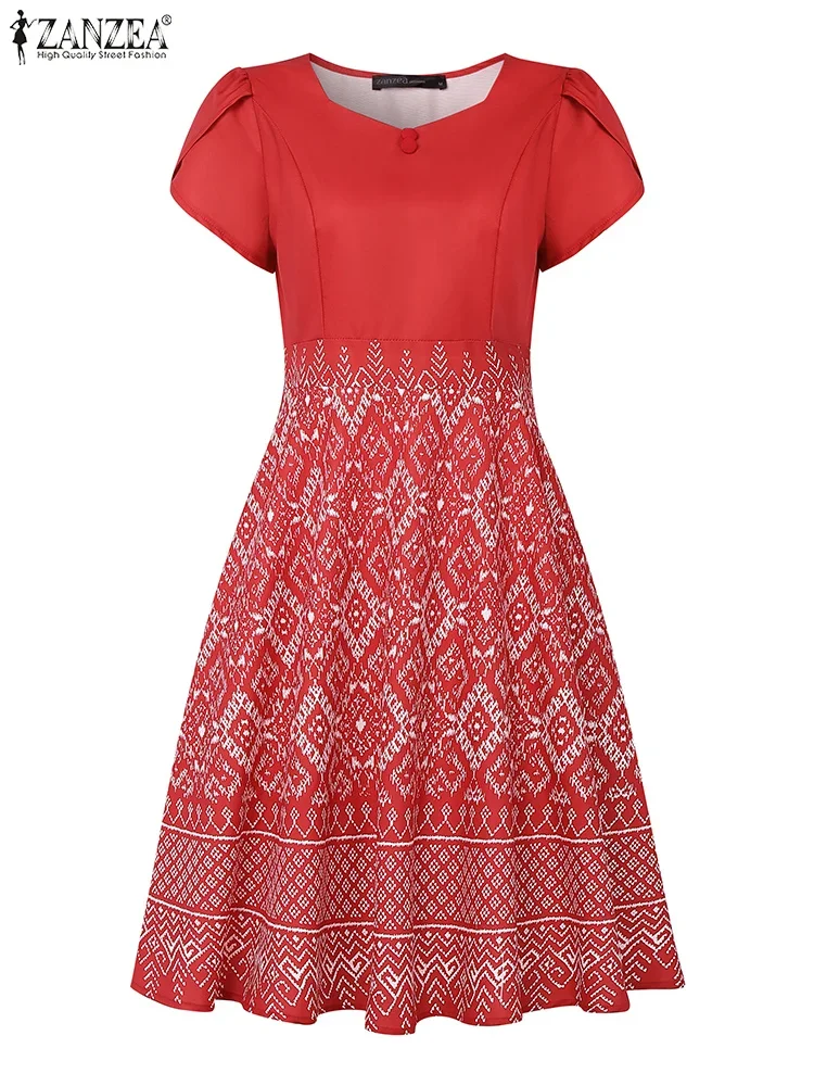 ZANZEA Donne Collo Quadrato A-Line Vestaglie Femme Manica Petalo Moda Stampa Etnica Vacanza Abiti Al Ginocchio Abiti Eleganti