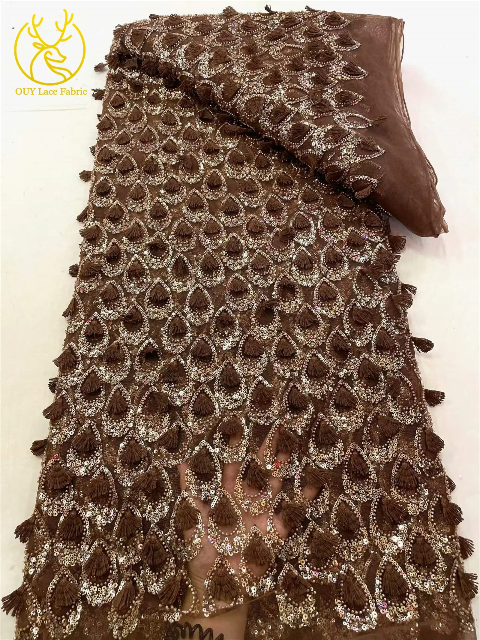 Neuer Stil 3D-Anhänger Afrikanischer Perlen-Tüll-Spitzenstoff 2026 Hochwertige Nigerianische Pailletten-Spitze für Hochzeits-Brautkleider zum Nähen – Detail 16