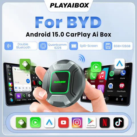 PLAYAIBOX 안드로이드 15 무선 카플레이 안드로이드 오토 박스 카플레이 AI 박스 분할 화면 내장 GPS 퀄컴 6225 BYD SEAL U HAN용
