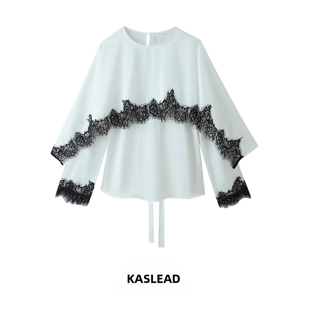 

KASLEAD New Women's Fashion Lace Back Splice Long Sleeve round Neck Pullover Polyester Spring Season Loose Fit Street Style