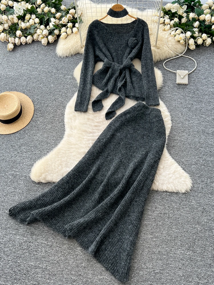 Ele Set top e gonna lavorati a maglia con cravatta a fiori Vita alta Gamba larga Autunno Inverno Maglione Ensemble Gentle Sle