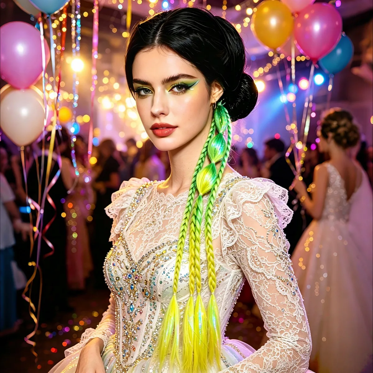 Green to Yellow Ombre Bubble Braid Ponytail – Synthetic Hair Extension with Elastic Loop for Cosplay, Festival & Anime Looks