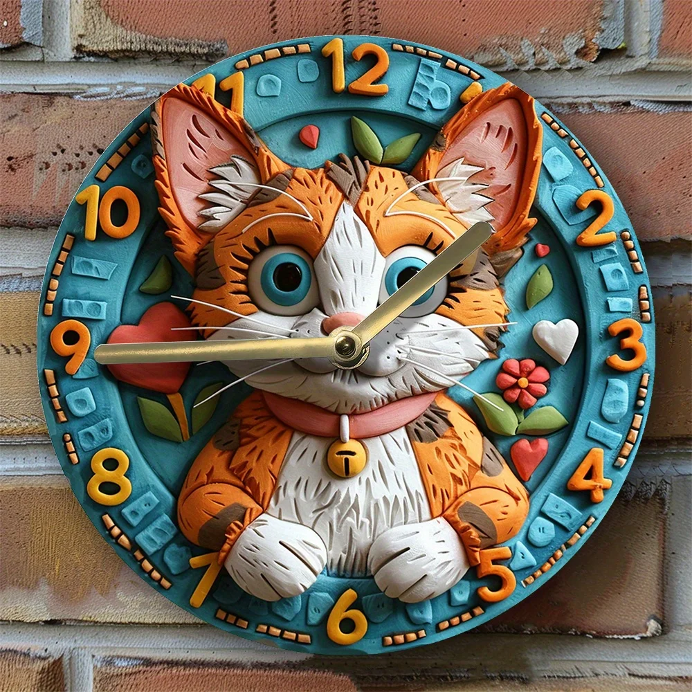 DIY Wall Clock Kit - High-Definition 2D Printed Holstein Cat Theme - Metal Wall Decor for Winter Entrance, Father's Day & Women