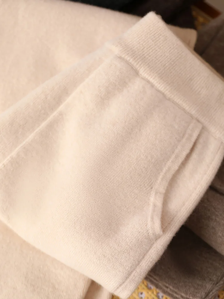 New Classy Autumn Winter Soft Thick Warm Wool Women Pencil Pants Woman 100% Merino Wool Trousers Elastic Waist Knited Wool Pants