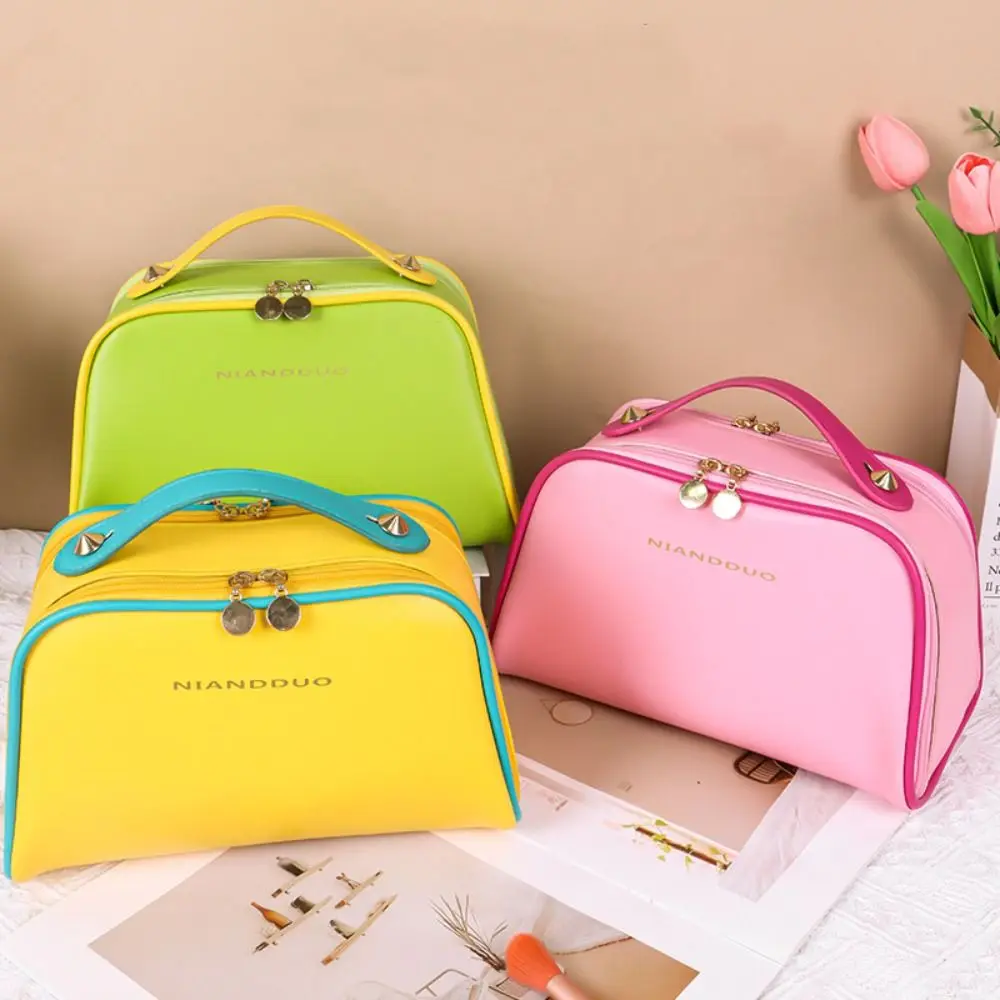 

Large Capacity PU Makeup Bag Waterproof Double Zipper Handheld Cosmetic Case Pure Color Trapezoid Travel Toiletry Bag Travel