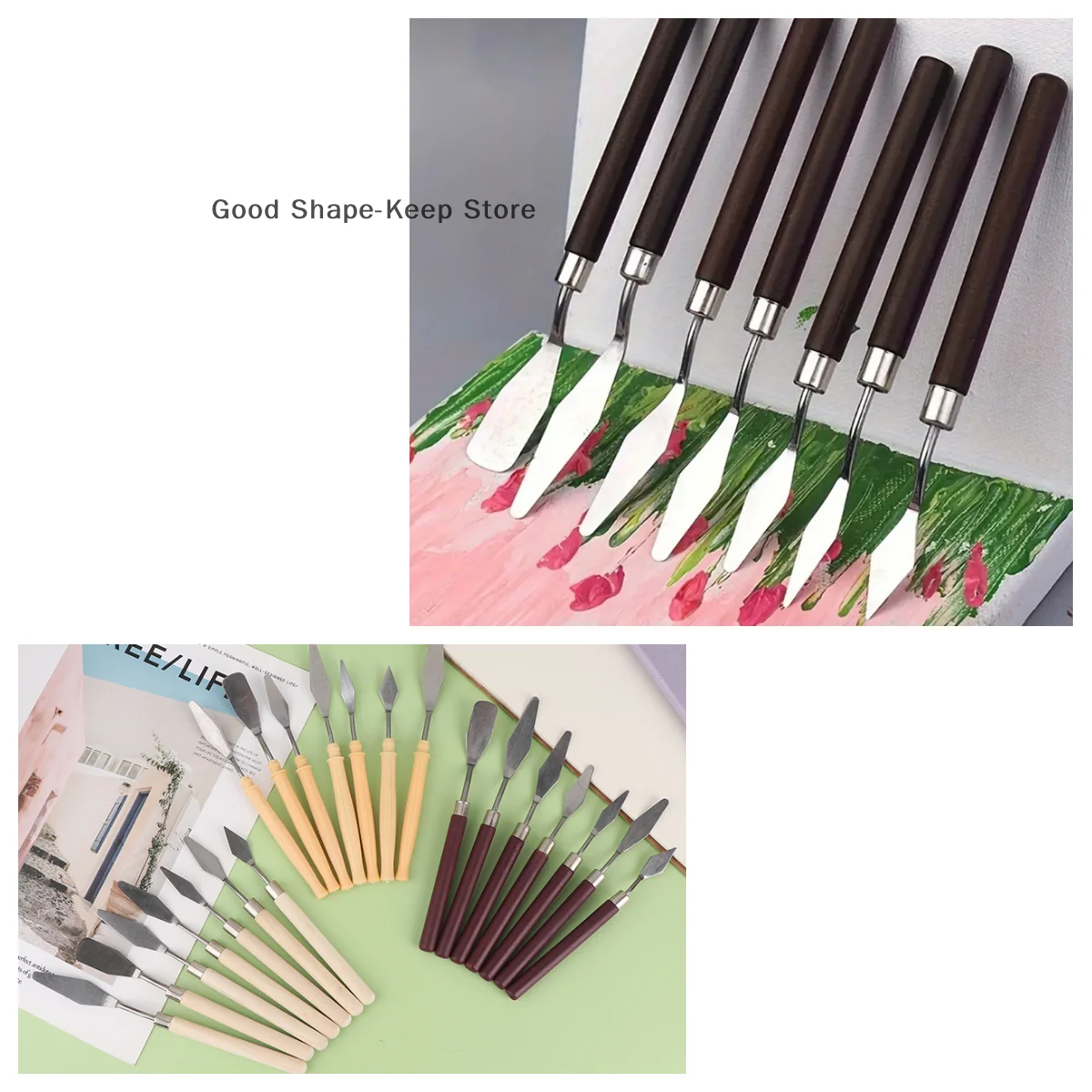 7PCS Kunst Malerei Schaber Set Holz Edelstahl Gouache Farbe Pigment Mischen Messer Hand Werkzeug für Aquarell Gemischte Medien
