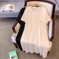 Summer New Plus Size Women's Chinese Style Round Neck Black Short Sleeve Dress Ladies Casual Loose Commuter Slit Dresses