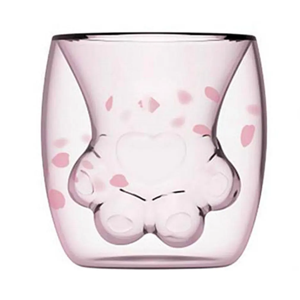 Cute Transparent Cat\'s Paw Cup Coffee Milk Beer Mug Cherry Pink Transparent Double Glass Cat Paw Cup Milk Juice Cup Best Gift