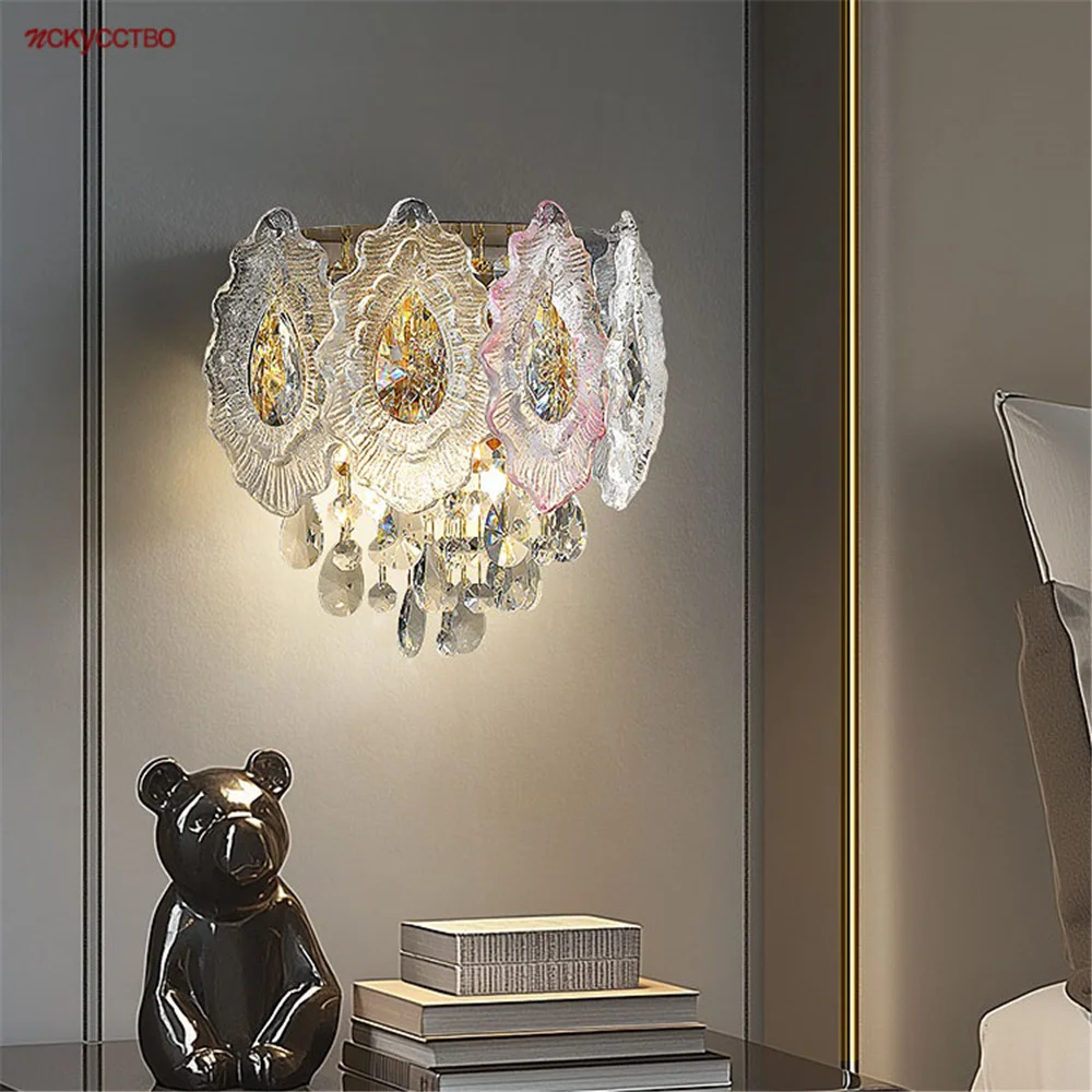 

French Luxury Crystal Tassels Glass Led Wall Lamp Funky Home Decor Loft Stairs Aisle Bedroom Bedside Decoration Lighting Fixture