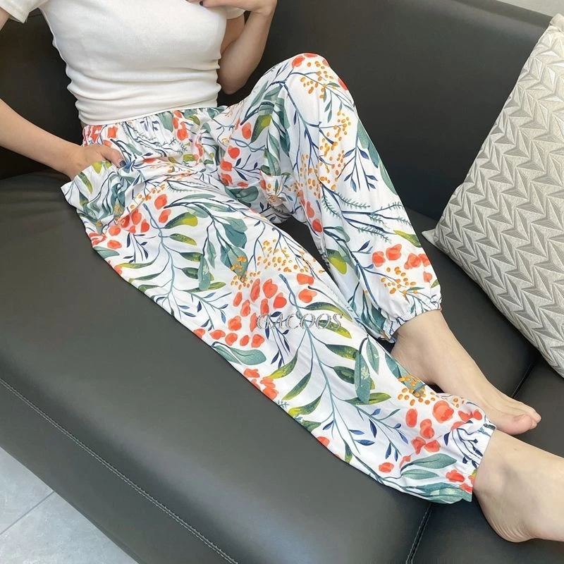 Women Floral Pants Summer Spring Boho Style Sleepwear Wide Leg Pants High Waist Casual Female Calf-Length Clothes Loose Trousers